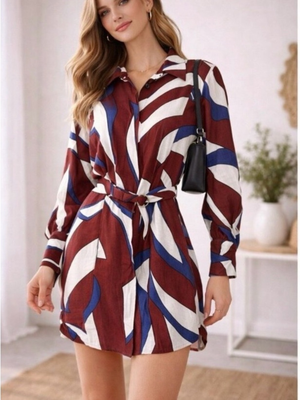 H&M Belted Burgundy Print Shirt Dress
